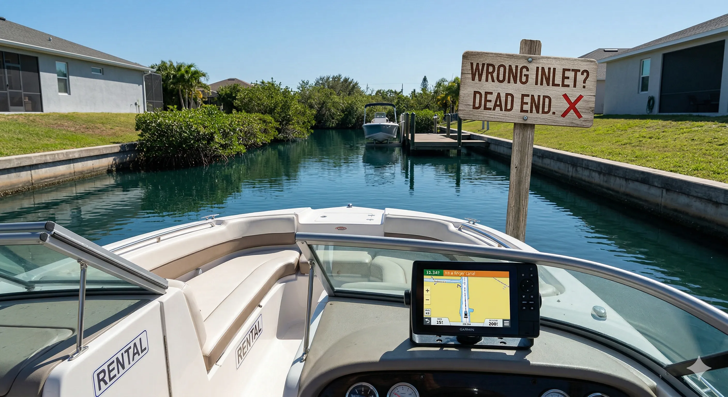 A rental boat stuck in a dead-end canal in Cape Coral